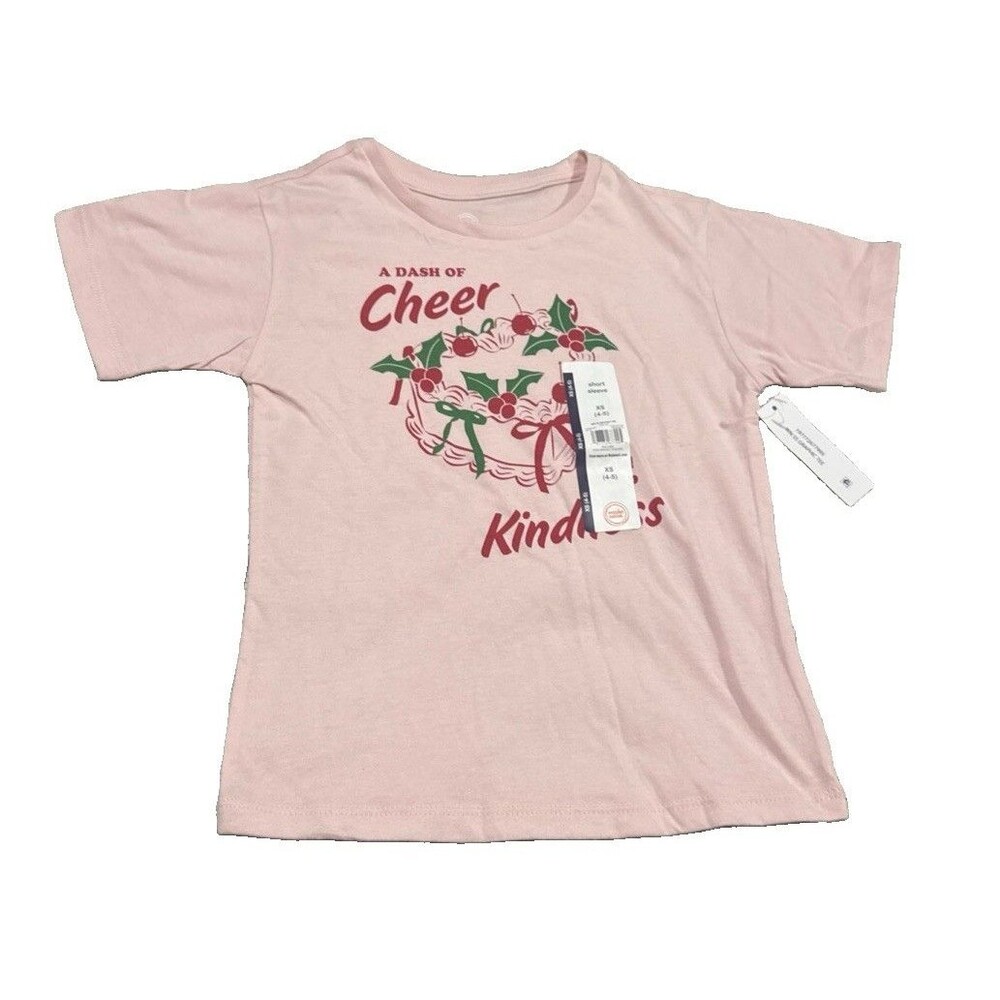 Wonder Nation Girls Pink Tee Short Sleeve Christmas A Dash Of Cheer XS (4-5)
